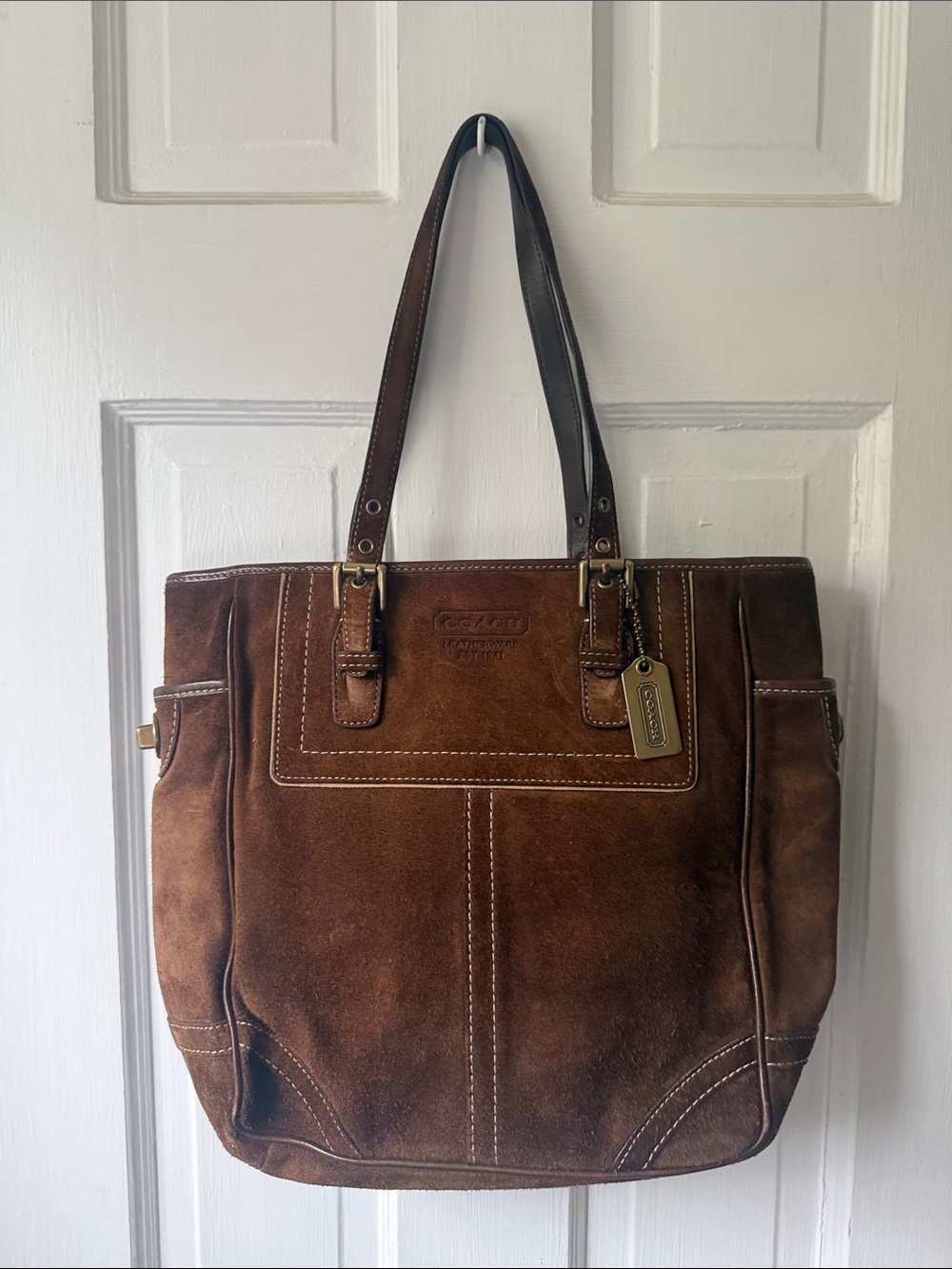 Coach Brown Suede Tote with Leather Straps and Brass Tag